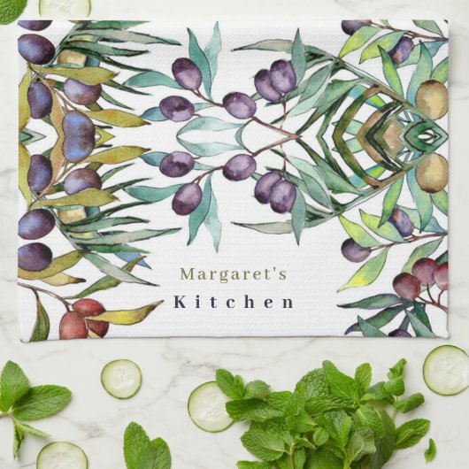 Yellow Paars Olive Pattern en Foliag personalisere Theedoek (Gevouwen)