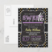 Yellow & Paarse Stars Sweet 16 Briefkaart Invitati (Voorkant / Achterkant)