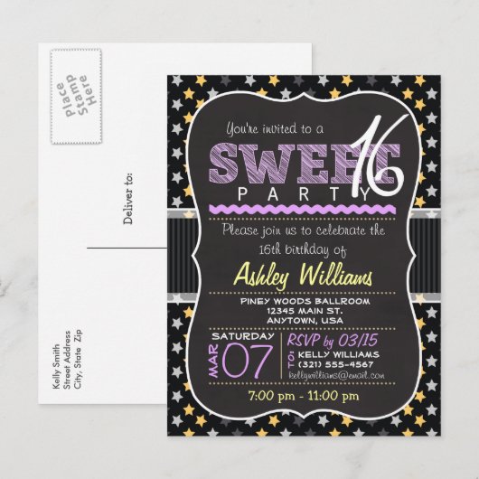 Yellow & Paarse Stars Sweet 16 Briefkaart Invitati (Voorkant / Achterkant)
