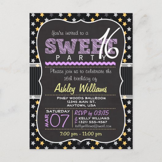 Yellow & Paarse Stars Sweet 16 Briefkaart Invitati (Voorkant)