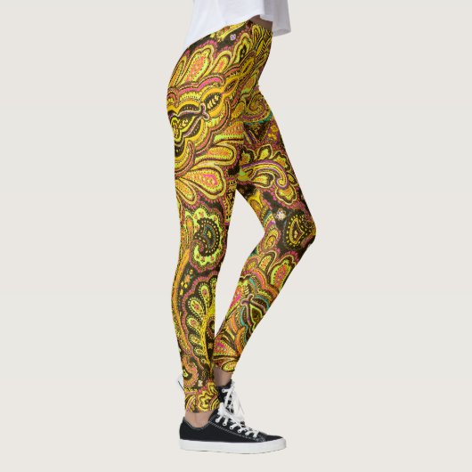 Yellow Paisley Design on Black Leggings (Rechts)