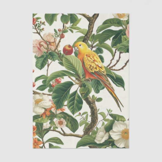 Yellow Parakeet Perched on Tropical Flowers Branch Tissuepapier (Voorkant)