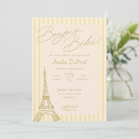 Yellow Parisian Baby shower Invitation Kaart (Staand voorkant)