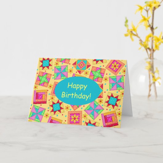 Yellow Patchwork Quilt Art Happy Birthday Kaart (Gele Bloem)