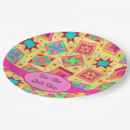 Yellow Patchwork Quilt Shop Gepersonaliseerd parti Papieren Bordje (Gekanteld)