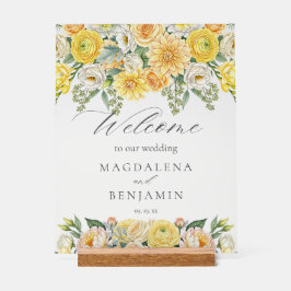 Yellow Peach Flowers Sage Greenery Wedding Welcome Acryl Bord