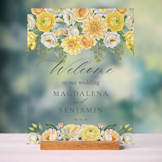 Yellow Peach Flowers Sage Greenery Wedding Welcome Acryl Bord (Neutraal)