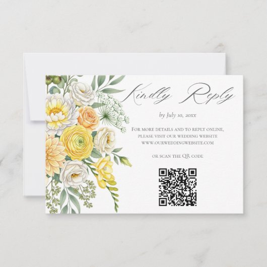 Yellow Peach Sage Green Floral Wedding Website QR RSVP Kaartje (Voorkant)