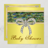 Yellow Peacock Diamond Bow Baby shower Invitation Kaart (Voorkant / Achterkant)