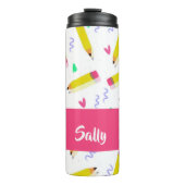 Yellow pencils and scrabbles on white thermosbeker (Voorkant)