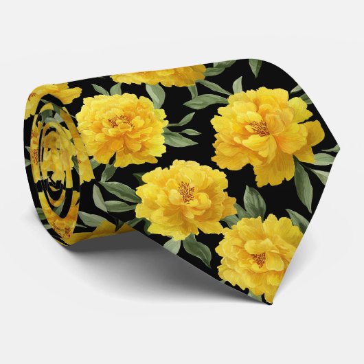 Yellow Peony Floral Pattern Stropdas (Opgerold)
