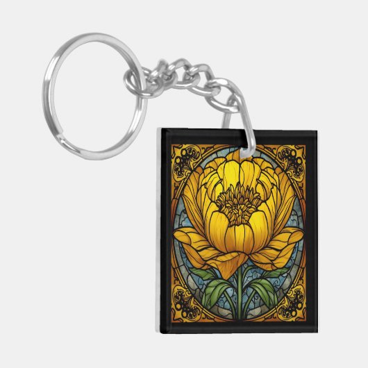 Yellow Peony Stained Glass Sleutelhanger (Voorkant Links)