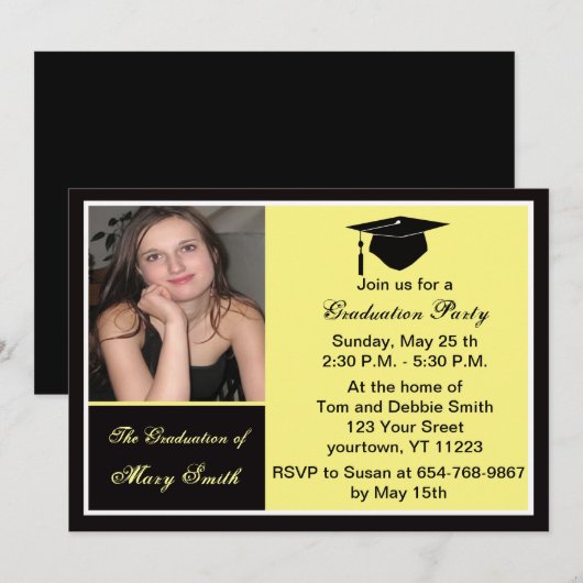 Yellow Photo Graduation Party Invitation Kaart (Voorkant / Achterkant)
