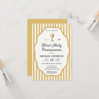 yellow pin striped Communion Invitation Kaart