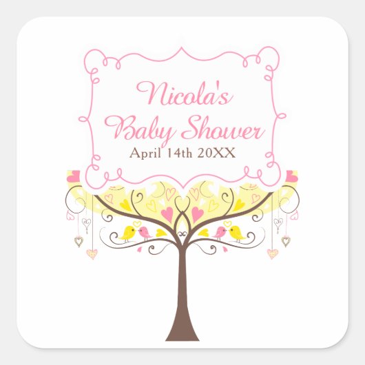 Yellow Pink Floral Bird Baby Shower  Vierkante Sticker (Voorkant)