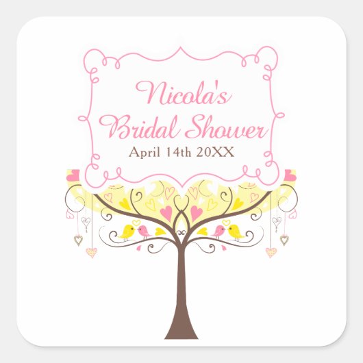 Yellow Pink Floral Bird Bridal Shower Vierkante Sticker (Voorkant)