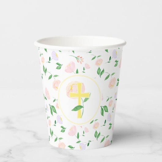 Yellow Pink Floral Cross Papieren Bekers (Voorkant)