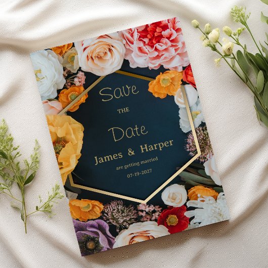 Yellow pink navy blue gold floral Save the Date Kaart