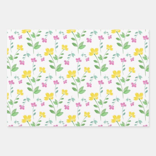 Yellow Pink Waterverf Flower Stem Pattern Inpakpapier Vel (Voorkant 3)