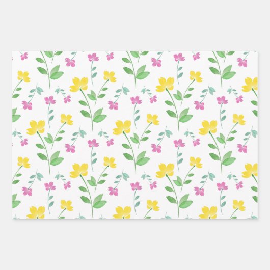 Yellow Pink Waterverf Flower Stem Pattern Inpakpapier Vel (Voorkant 2)
