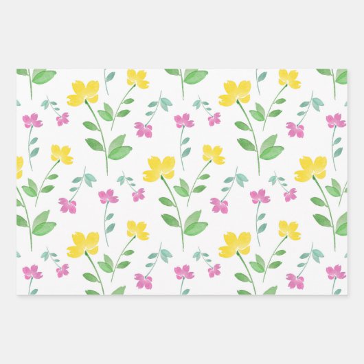 Yellow Pink Waterverf Flower Stem Pattern Inpakpapier Vel (Voorkant)