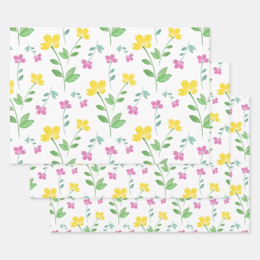 Yellow Pink Waterverf Flower Stem Pattern Inpakpapier Vel (Set)