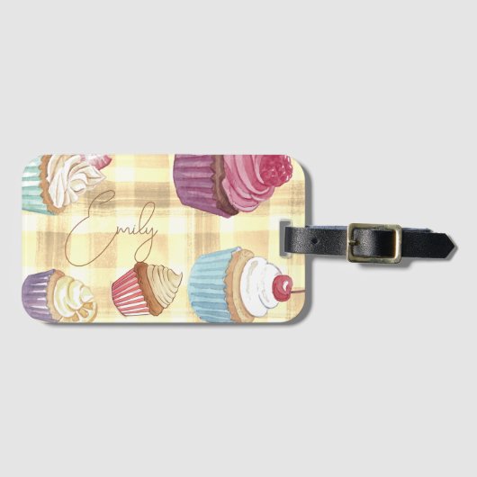 Yellow Plaid Waterverf Cupcake Monogram Baker's Bagagelabel (Voorkant (horizontaal))