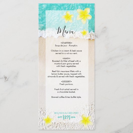 Yellow Plumeria Frangipani Tropical Beach Wedding Menu (Voorkant)