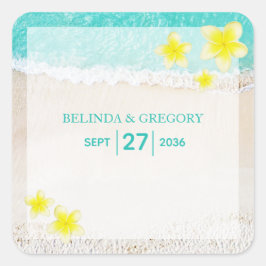 Yellow Plumeria Frangipani Tropical Beach Wedding Vierkante Sticker