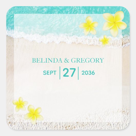 Yellow Plumeria Frangipani Tropical Beach Wedding Vierkante Sticker (Voorkant)