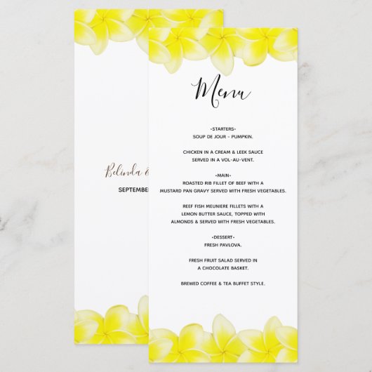 Yellow Plumeria Frangipani Wedding Menu (Voorkant / Achterkant)