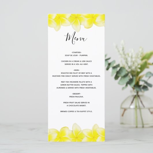 Yellow Plumeria Frangipani Wedding Menu (Staand voorkant)