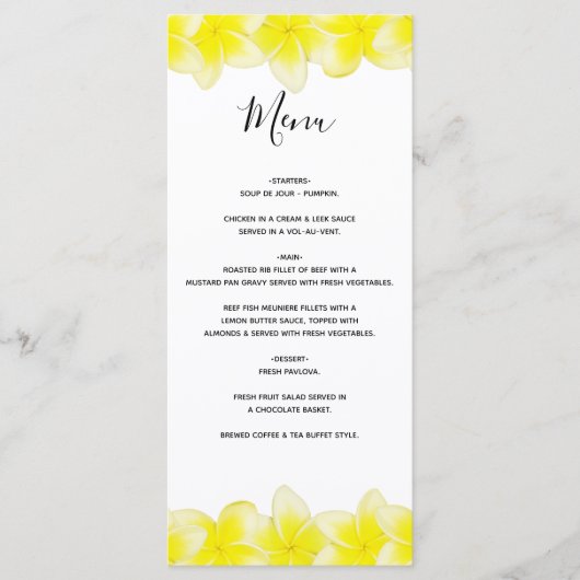Yellow Plumeria Frangipani Wedding Menu (Voorkant)