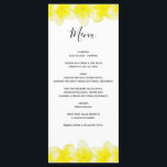 Yellow Plumeria Frangipani Wedding Menu<br><div class="desc">Dit ontwerp bevat gele bloemen van frangipani/plumeria. Een tropisch ontwerp met gele frangipani-bloemen en een gecentreerde formulering. De namen van de bruid en de bruidegom worden benadrukt met een bruinachtige kleur die wordt gekozen uit het midden van de bloem. De achterkant van het ontwerp bootst de andere kant na. Deze...</div>