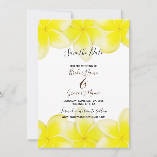 Yellow Plumeria Frangipani Wedding Save the Date (Voorkant)