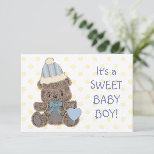 Yellow Polkadot Beer Baby Boy Geboorteaankondiging Aankondiging (Staand voorkant)