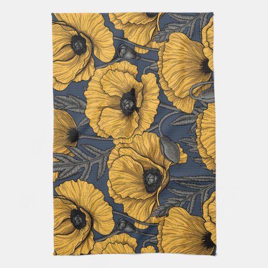 Yellow poppies on navy theedoek (Verticaal)