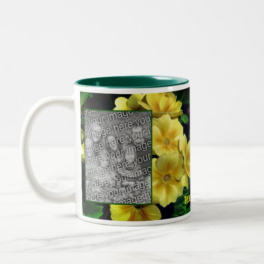 Yellow Primrose Flowers Uw foto toevoegen Tweekleurige Koffiemok (Links)