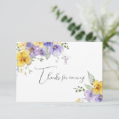 Yellow Purple Floral Thanks for Coming Note Kaart (Staand voorkant)
