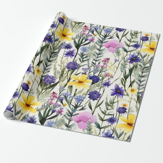 Yellow Purple Wildflower Floral Garden Pattern Cadeaupapier (Uitgerold)