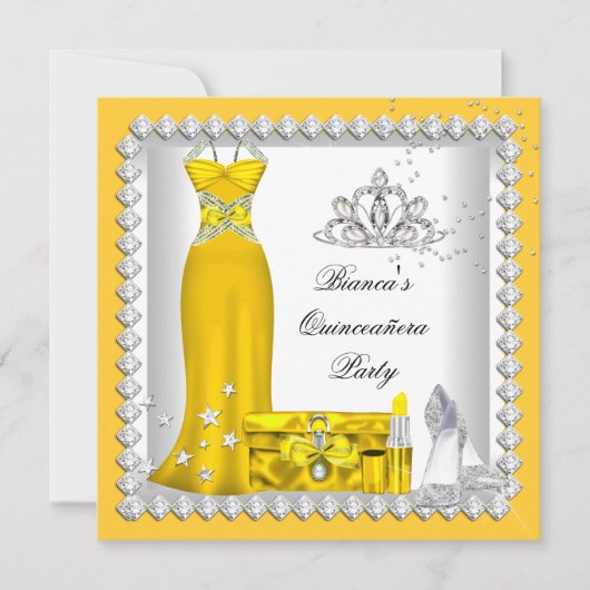 Yellow Quinceanera 15th Tiara Birthday Party Kaart (Voorkant)