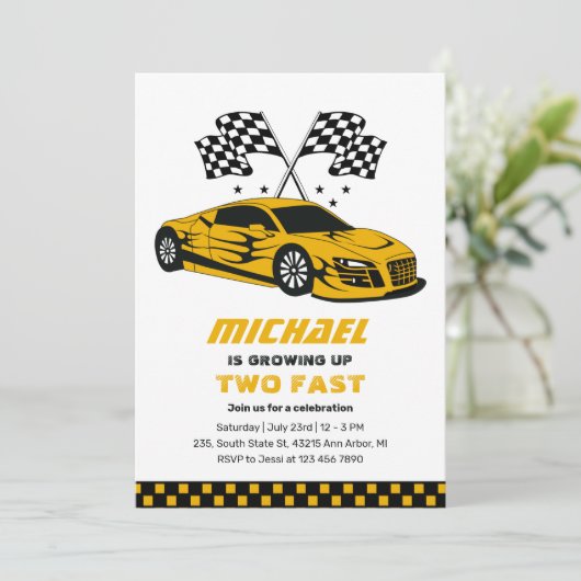 Yellow Race Auto Two Fast Boys 2e verjaardag Kaart (Staand voorkant)
