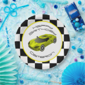 Yellow Race Car | Aangepaste geboortedag Papieren Bordje (Feest)