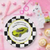 Yellow Race Car | Aangepaste geboortedag Papieren Bordje (Feest)