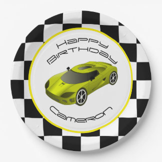 Yellow Race Car | Aangepaste geboortedag Papieren Bordje