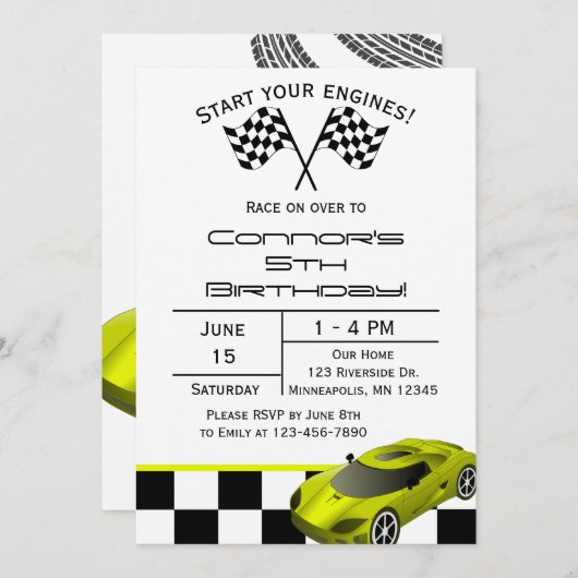 Yellow Race Car | Aangepaste uitnodiging voor kind (Voorkant / Achterkant)