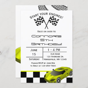 Yellow Race Car   Aangepaste uitnodiging voor kind