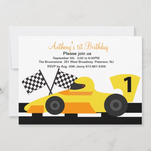 Yellow Race Car Boys First Birthday Uitnodiging (Voorkant)