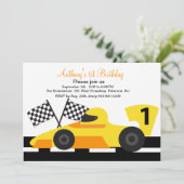 Yellow Race Car Boys First Birthday Uitnodiging (Staand voorkant)