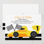 Yellow Race Car Boys First Birthday Uitnodiging (Voorkant / Achterkant)